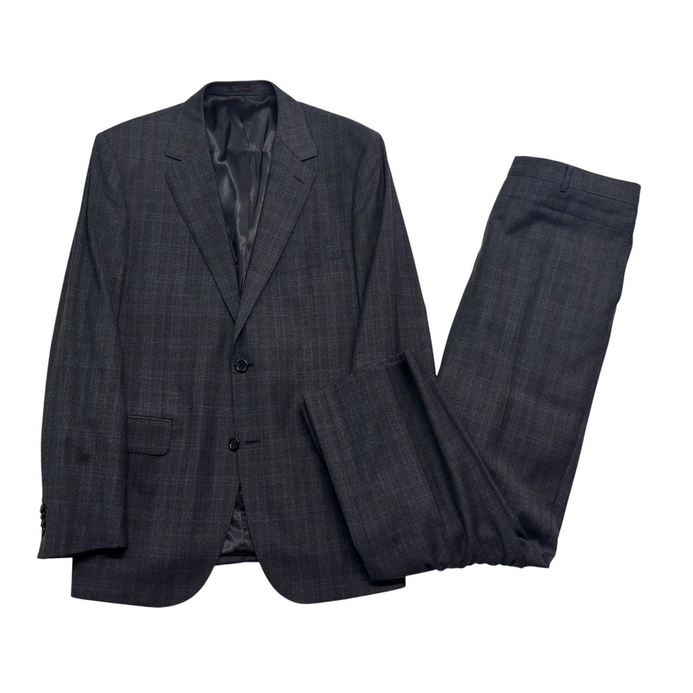 Byron British Style 52 42R 35x31 Gray Blue Plaid 2pc Pant Suit Flannel Wool